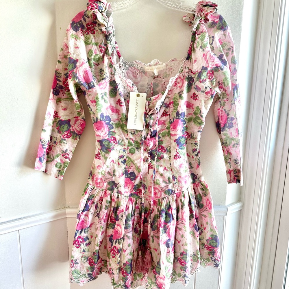 LoveShackFancy NWT Deeba Pink Floral Mini Dress Romantic Lace Trim Size 2